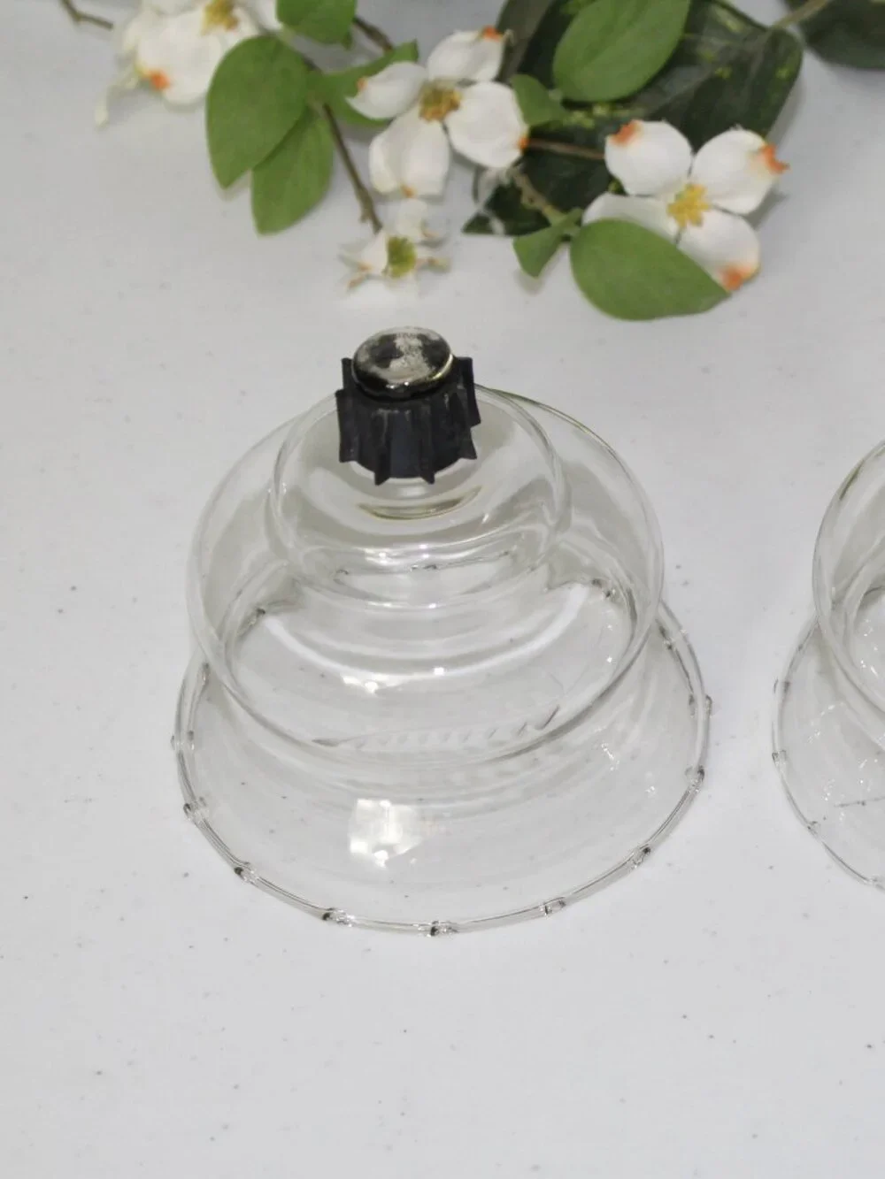 HOMCO HOME INTERIORS Pair of Clear Glass Squatty Crimped Peg Candleholders